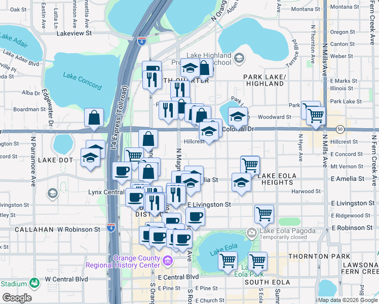 map of restaurants, bars, coffee shops, grocery stores, and more near 601 North Magnolia Avenue in Orlando