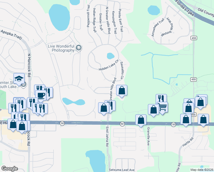 map of restaurants, bars, coffee shops, grocery stores, and more near 15733 Bay Lakes Trail in Clermont
