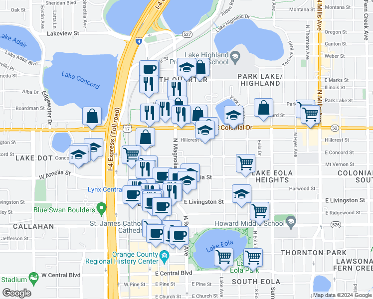 map of restaurants, bars, coffee shops, grocery stores, and more near 601 North Magnolia Avenue in Orlando