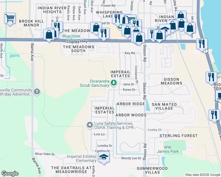 map of restaurants, bars, coffee shops, grocery stores, and more near 4970 Melissa Drive in Titusville