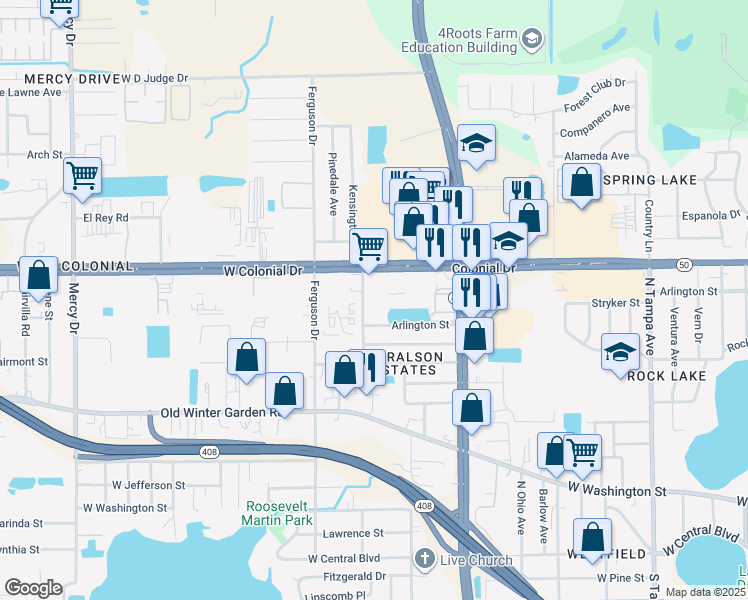 map of restaurants, bars, coffee shops, grocery stores, and more near 3330 West Colonial Drive in Orlando
