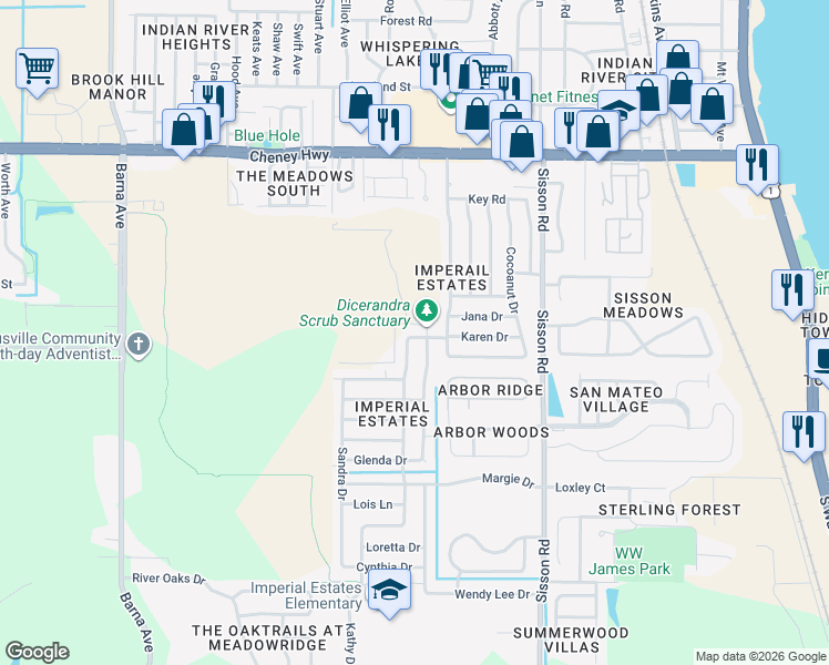 map of restaurants, bars, coffee shops, grocery stores, and more near 4970 Melissa Drive in Titusville