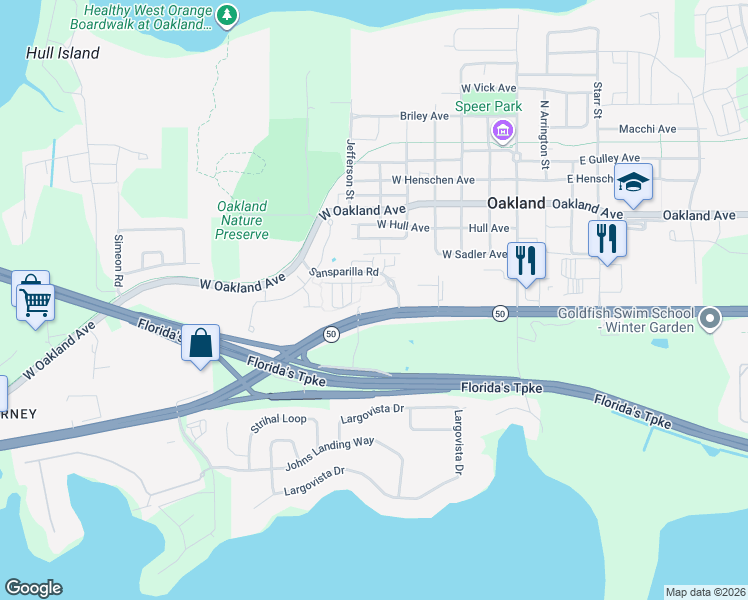map of restaurants, bars, coffee shops, grocery stores, and more near 16673 West Colonial Drive in Oakland
