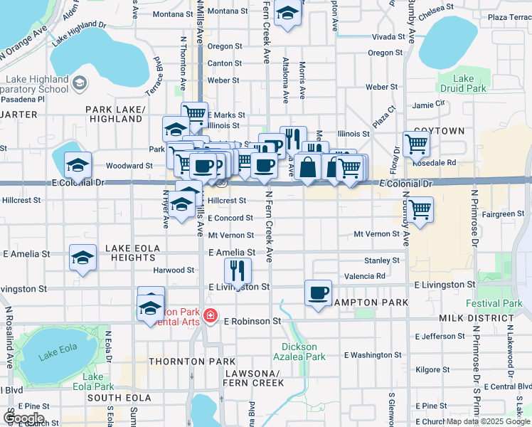 map of restaurants, bars, coffee shops, grocery stores, and more near 543 North Fern Creek Avenue in Orlando