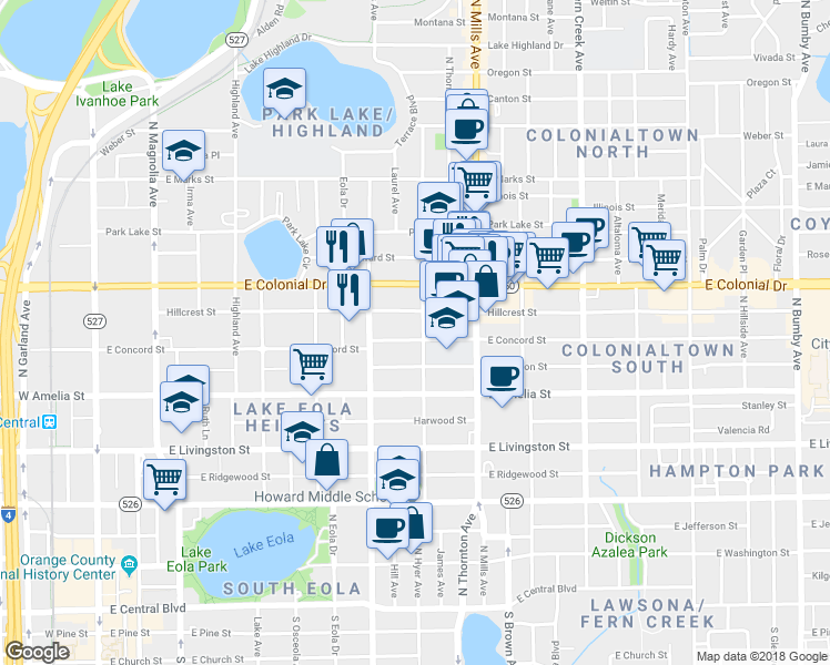 map of restaurants, bars, coffee shops, grocery stores, and more near 821 East Concord Street in Orlando