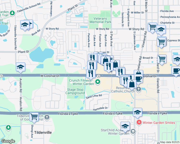 map of restaurants, bars, coffee shops, grocery stores, and more near 14253 Florida 50 in Winter Garden