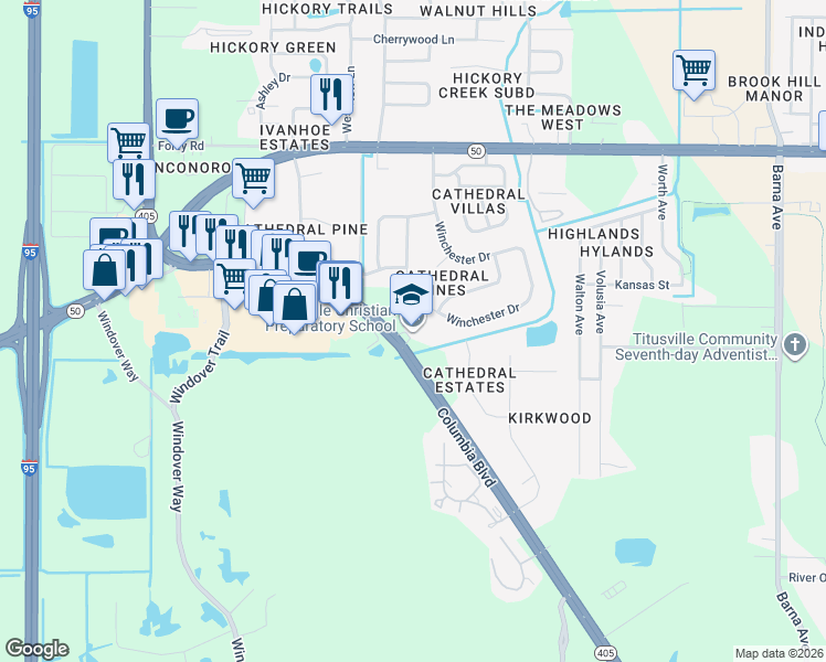map of restaurants, bars, coffee shops, grocery stores, and more near 2940 Columbia Boulevard in Titusville