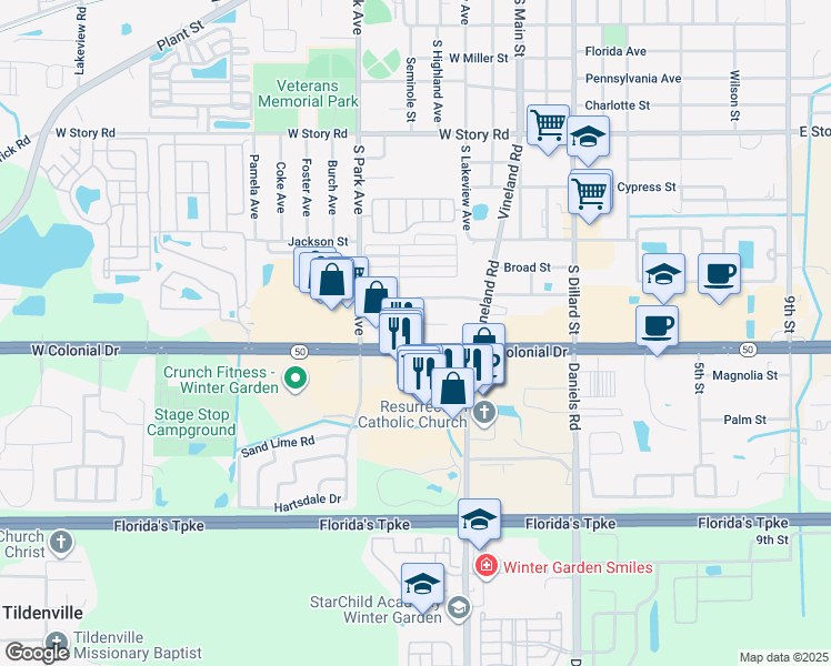 map of restaurants, bars, coffee shops, grocery stores, and more near 12345 West Colonial Drive in Winter Garden