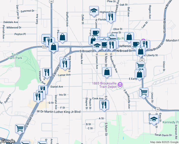 map of restaurants, bars, coffee shops, grocery stores, and more near 234 Lamar Avenue in Brooksville
