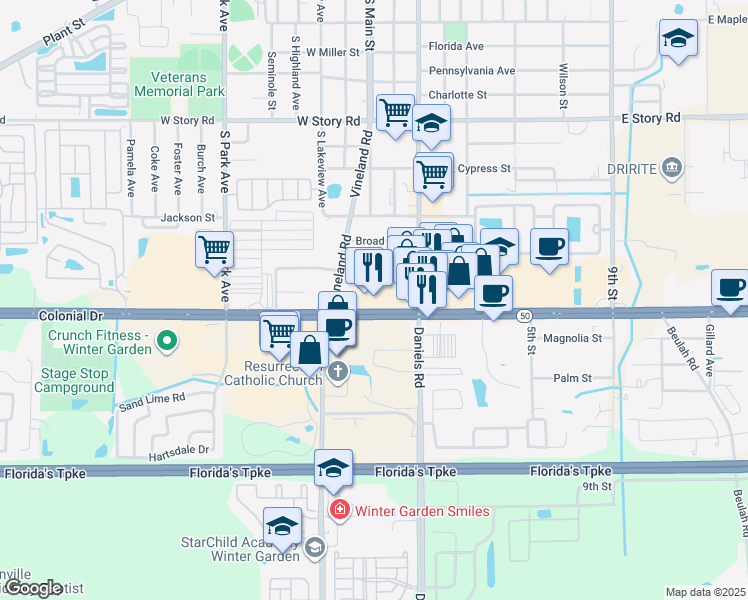 map of restaurants, bars, coffee shops, grocery stores, and more near 13520-13548 West Colonial Drive in Winter Garden