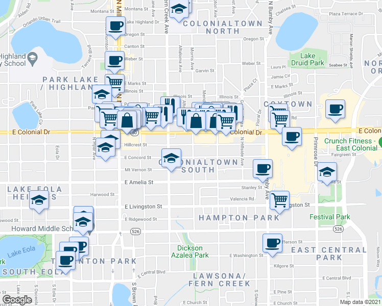 map of restaurants, bars, coffee shops, grocery stores, and more near 542 Altaloma Avenue in Orlando