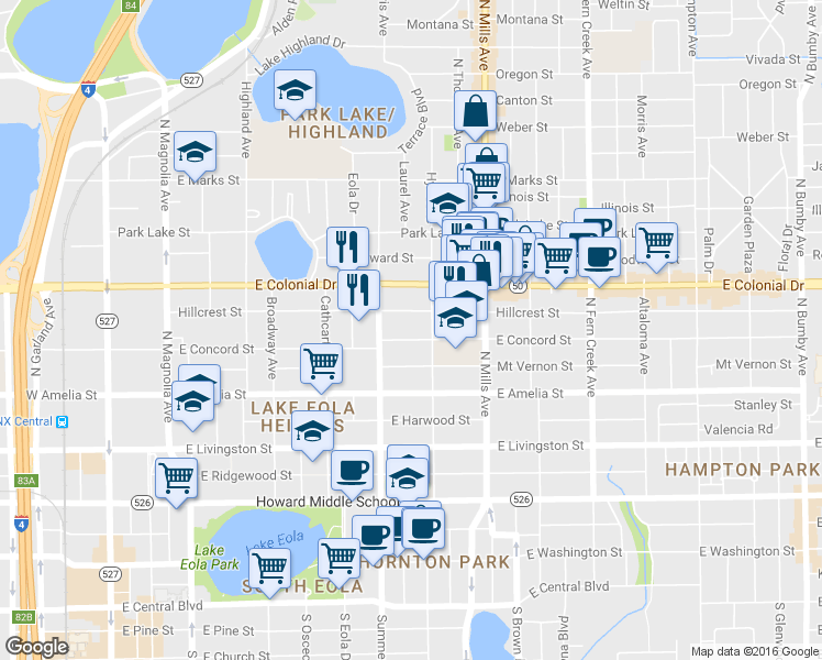 map of restaurants, bars, coffee shops, grocery stores, and more near 724 East Concord Street in Orlando