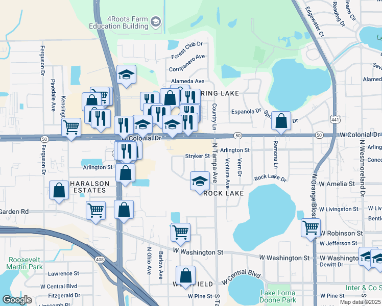 map of restaurants, bars, coffee shops, grocery stores, and more near 555 Ross Place in Orlando
