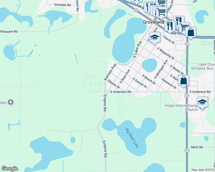 map of restaurants, bars, coffee shops, grocery stores, and more near 1261 Kansas Avenue in Groveland