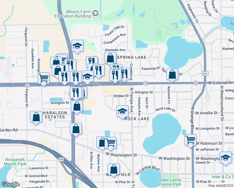 map of restaurants, bars, coffee shops, grocery stores, and more near 555 Ross Place in Orlando