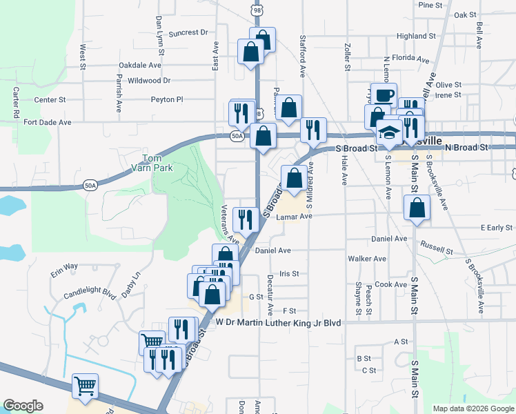 map of restaurants, bars, coffee shops, grocery stores, and more near 0 Ponce De Leon Boulevard in Brooksville