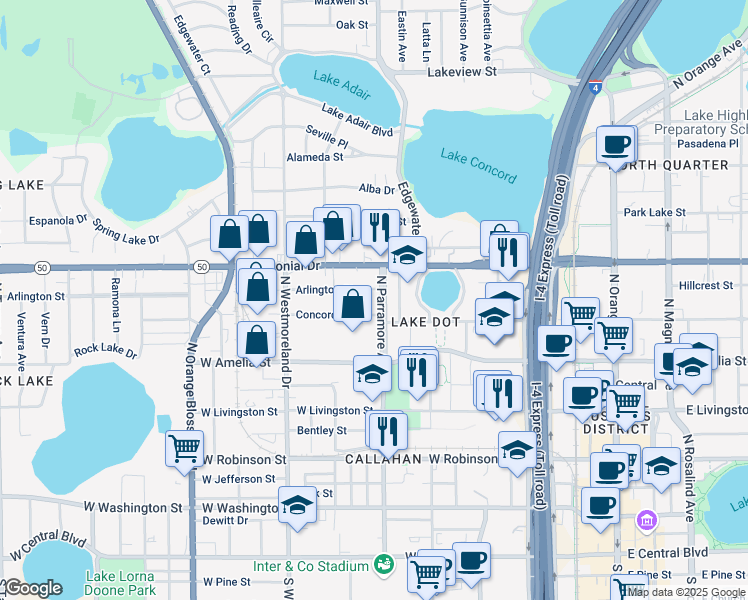 map of restaurants, bars, coffee shops, grocery stores, and more near 722 Concord Street in Orlando