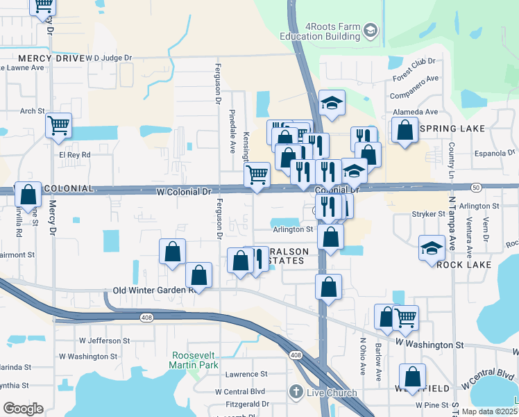 map of restaurants, bars, coffee shops, grocery stores, and more near 3330 West Colonial Drive in Orlando