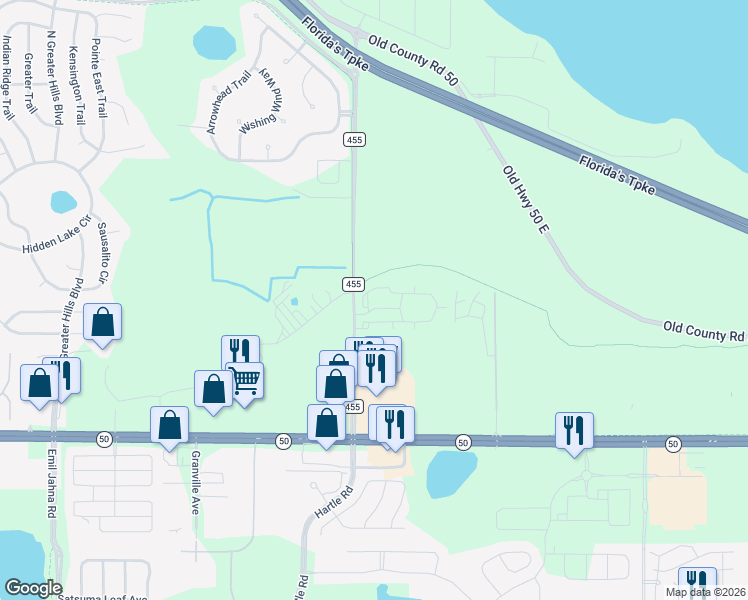 map of restaurants, bars, coffee shops, grocery stores, and more near 13928-14204 County Road 455 in Clermont