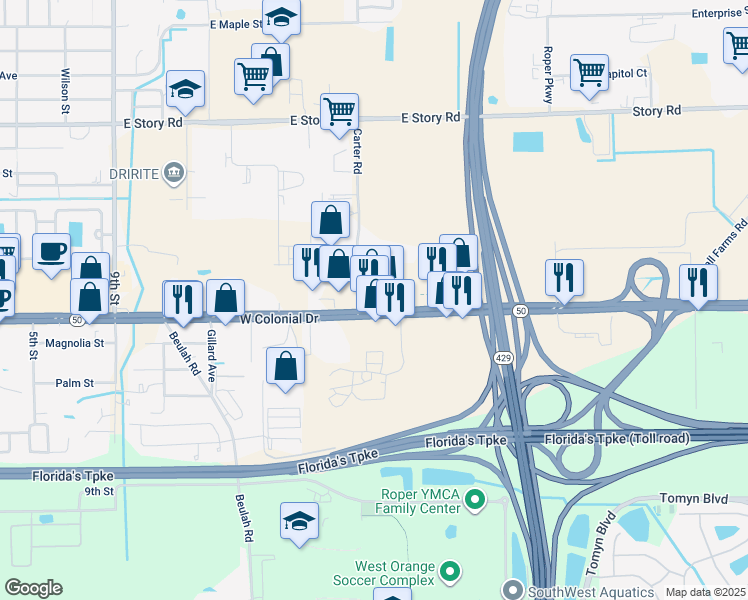 map of restaurants, bars, coffee shops, grocery stores, and more near 12345 West Colonial Drive in Winter Garden