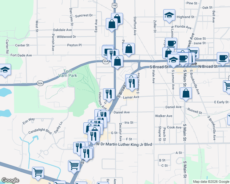 map of restaurants, bars, coffee shops, grocery stores, and more near 0 Ponce De Leon Boulevard in Brooksville