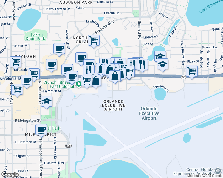map of restaurants, bars, coffee shops, grocery stores, and more near 631 Herndon Avenue in Orlando