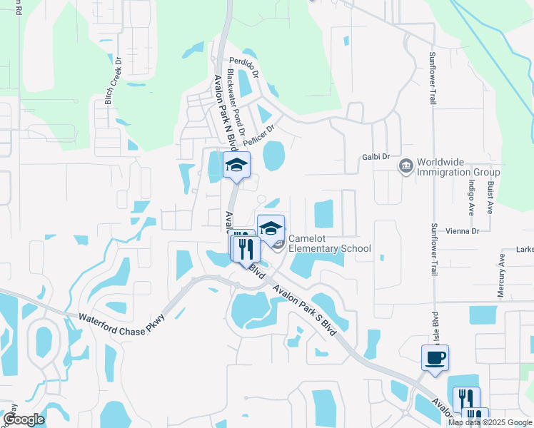map of restaurants, bars, coffee shops, grocery stores, and more near 14501 Waterford Chase Parkway in Orlando