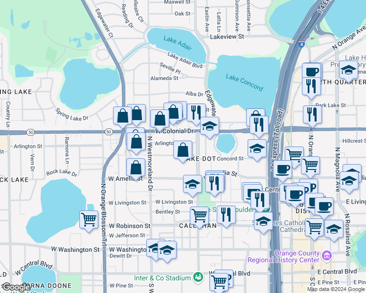 map of restaurants, bars, coffee shops, grocery stores, and more near 726 West Colonial Drive in Orlando