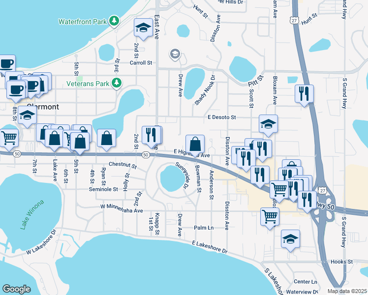 map of restaurants, bars, coffee shops, grocery stores, and more near 945 10th Street in Clermont