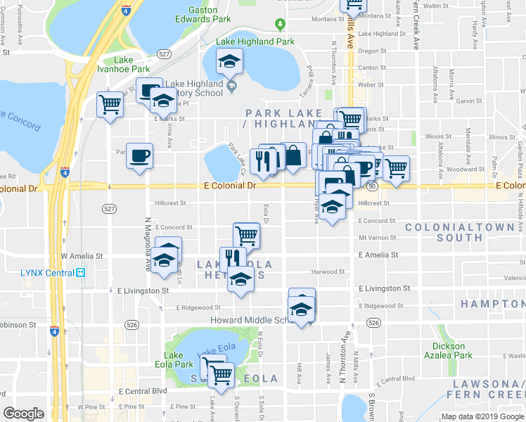 map of restaurants, bars, coffee shops, grocery stores, and more near 620 Eola Drive in Orlando