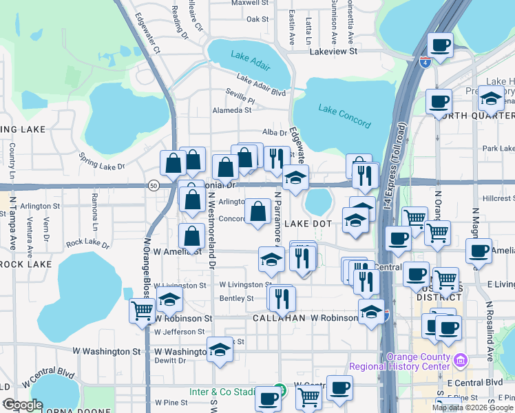 map of restaurants, bars, coffee shops, grocery stores, and more near 717 Arlington Street in Orlando