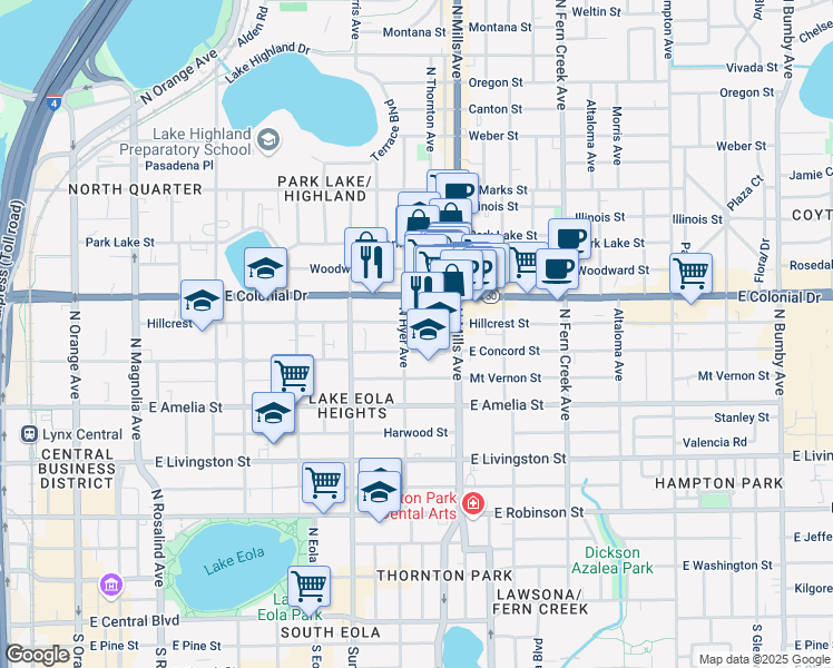 map of restaurants, bars, coffee shops, grocery stores, and more near 617 North Hyer Avenue in Orlando