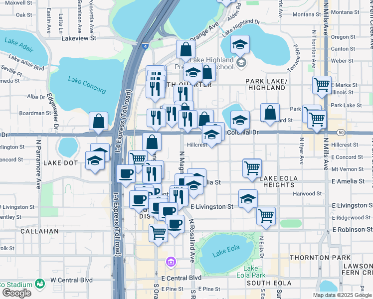 map of restaurants, bars, coffee shops, grocery stores, and more near 107 Hillcrest Street in Orlando