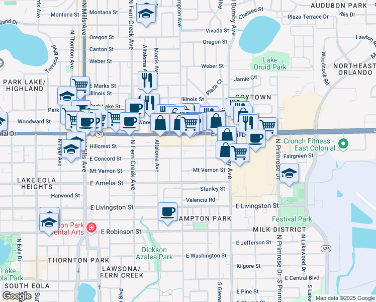 map of restaurants, bars, coffee shops, grocery stores, and more near 2100 East Colonial Drive in Orlando