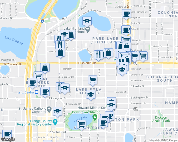 map of restaurants, bars, coffee shops, grocery stores, and more near 400 East Colonial Drive in Orlando