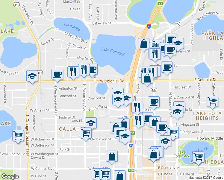 map of restaurants, bars, coffee shops, grocery stores, and more near 440 West Colonial Drive in Orlando