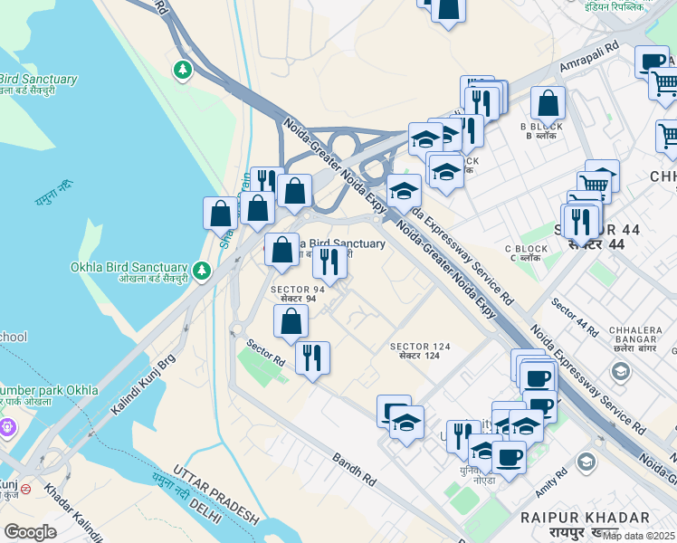 map of restaurants, bars, coffee shops, grocery stores, and more near in Noida