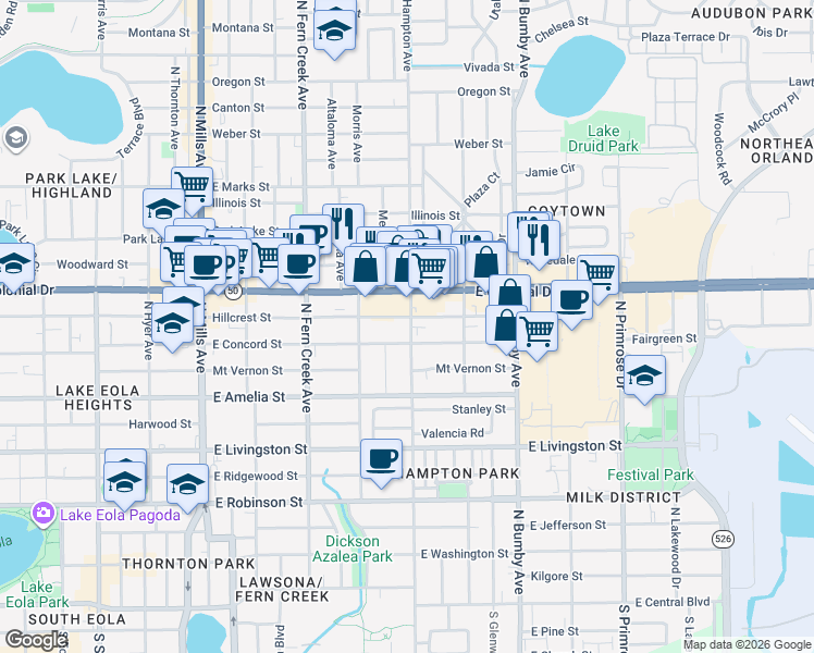 map of restaurants, bars, coffee shops, grocery stores, and more near 1840 East Colonial Drive in Orlando