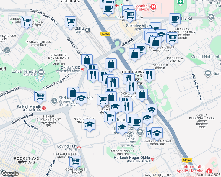 map of restaurants, bars, coffee shops, grocery stores, and more near Okhla Industrial Estate Phase 3 Road in New Delhi