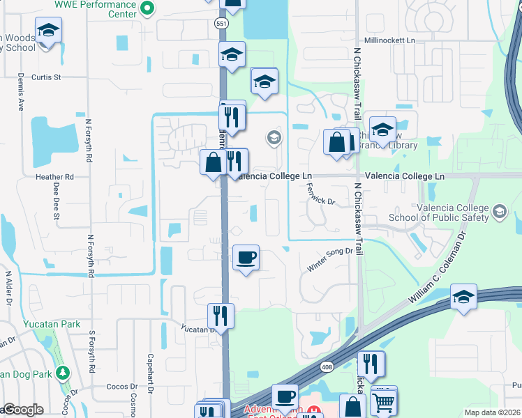 map of restaurants, bars, coffee shops, grocery stores, and more near 606 Short Pine Circle in Orlando