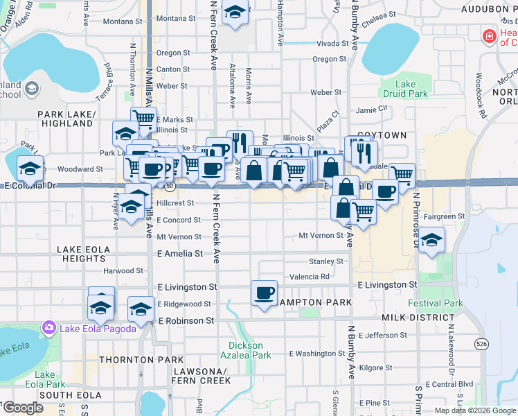 map of restaurants, bars, coffee shops, grocery stores, and more near 1840 East Colonial Drive in Orlando