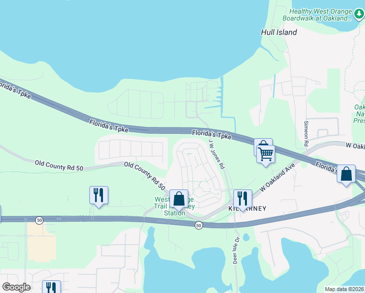 map of restaurants, bars, coffee shops, grocery stores, and more near 2270 Standing Rock Circle in Winter Garden