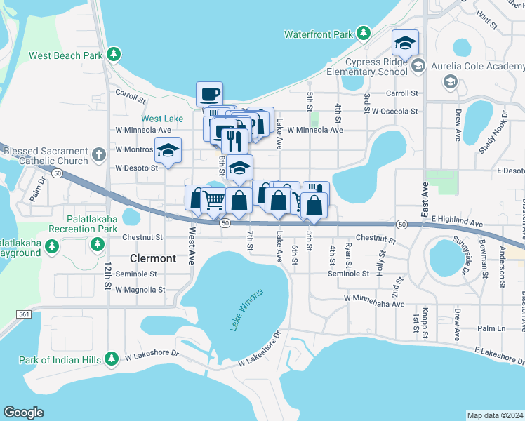 map of restaurants, bars, coffee shops, grocery stores, and more near 655 West Broome Street in Clermont
