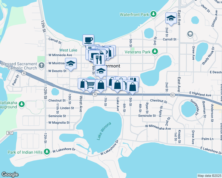 map of restaurants, bars, coffee shops, grocery stores, and more near 655 West Broome Street in Clermont