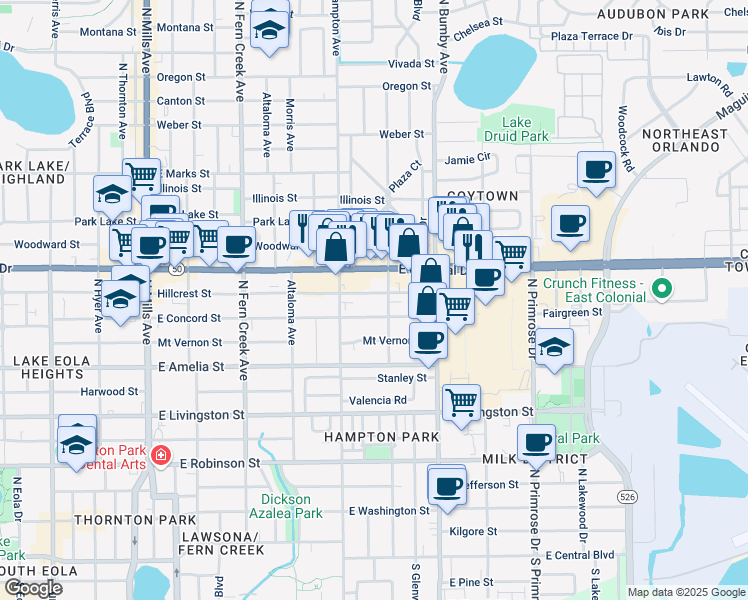 map of restaurants, bars, coffee shops, grocery stores, and more near 2203 North Hillside Avenue in Orlando