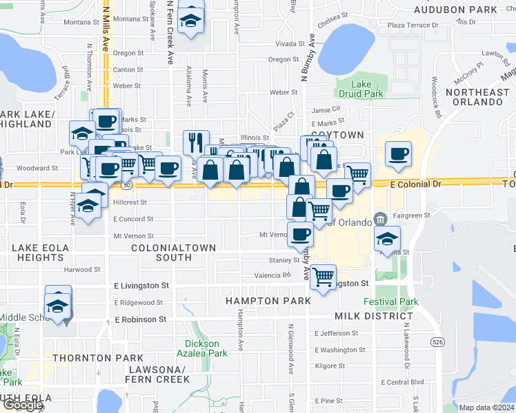 map of restaurants, bars, coffee shops, grocery stores, and more near 2100 East Colonial Drive in Orlando