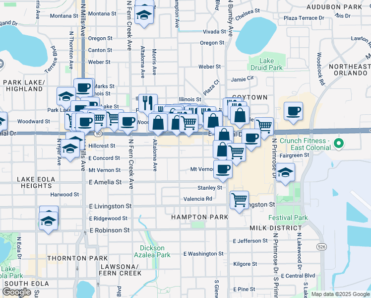 map of restaurants, bars, coffee shops, grocery stores, and more near 2100 East Colonial Drive in Orlando