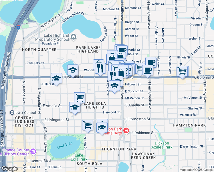 map of restaurants, bars, coffee shops, grocery stores, and more near 630 North Thornton Avenue in Orlando