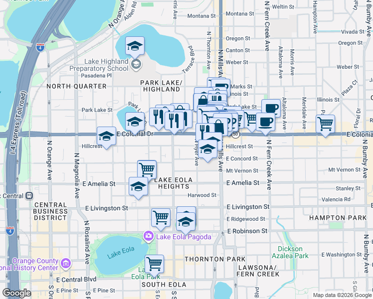 map of restaurants, bars, coffee shops, grocery stores, and more near 803 Hillcrest Street in Orlando