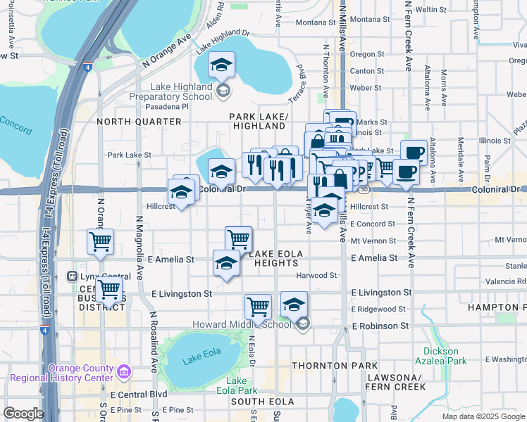 map of restaurants, bars, coffee shops, grocery stores, and more near 641 Hillcrest Street in Orlando